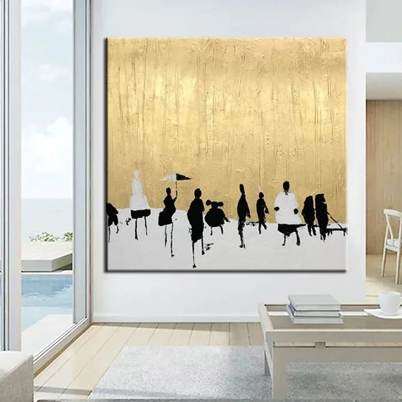 

Frameless 100% Hand Painted Oil Painting Gold Foil Figure Impression Abstract Canvas Wall Art Picture for Living Room Decoration