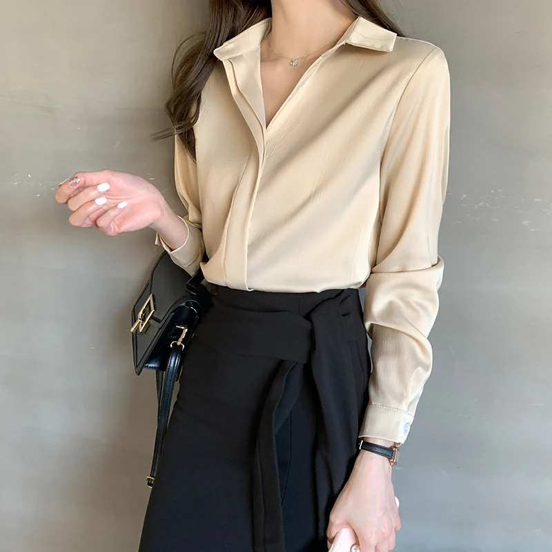 Office Lady Blouse Women Spring Autumn Tops Long Sleeve Button Turn-down Collar Chiffon Shirts Woman Clothes Blouse Femme 2021