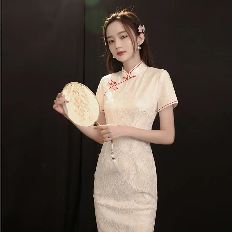 Gaun Cheongsam Cina Tradisional Musim Panas Cina Gaya Sederhana Wanita Muda Feminin Elegan Retro Bodycon Ditingkatkan Panjang Qipao