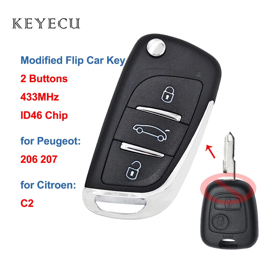 

Keyecu Modified Flip Folding Remote Car Key Fob 2 Buttons 433MHz Electronic ID46 Chip for Peugeot 206 207 for Citroen C2