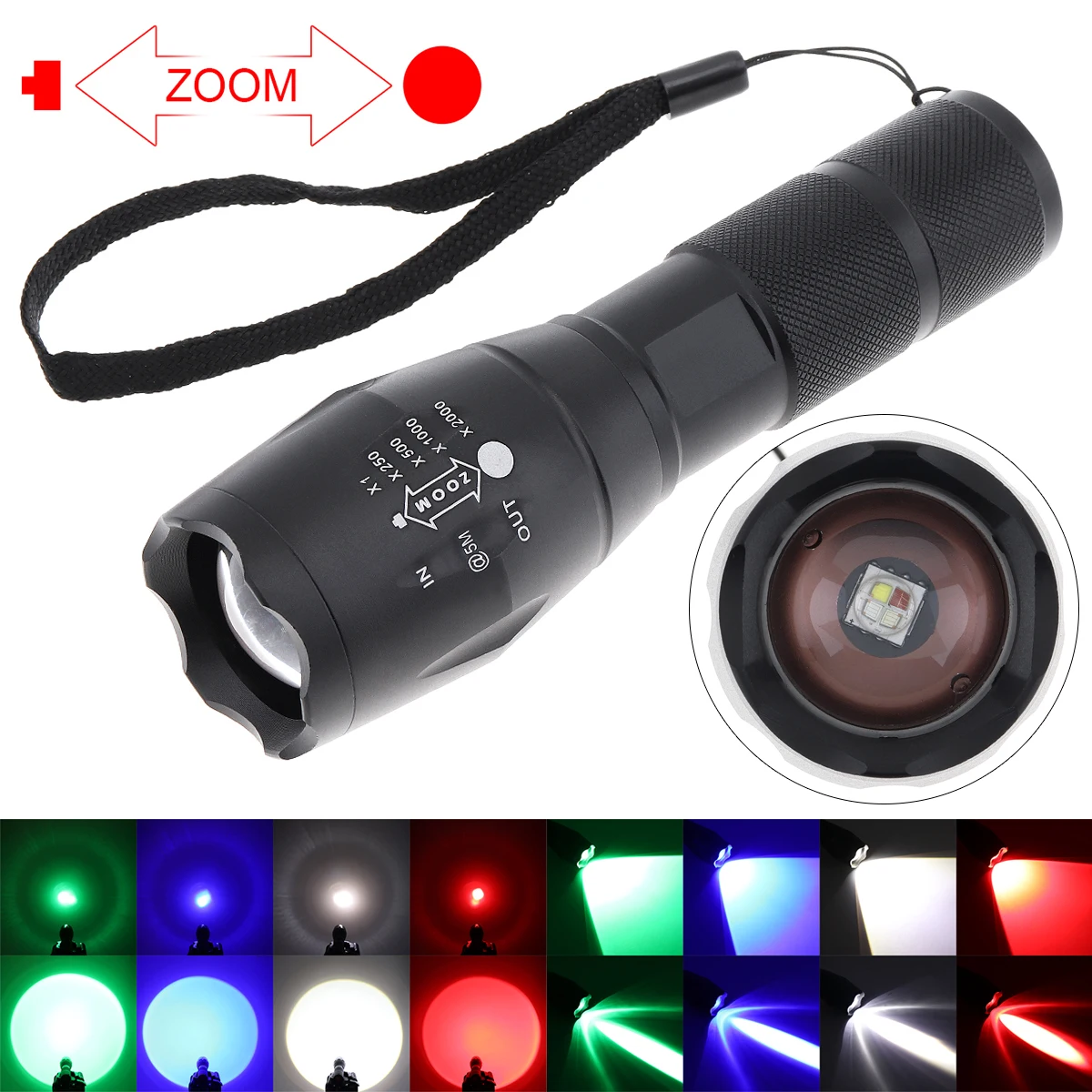 SecurityIng A100 Multi-function Strong Light Flashlight Waterproof RGB Red Green Blue White Light Torch for Camping/Hiking