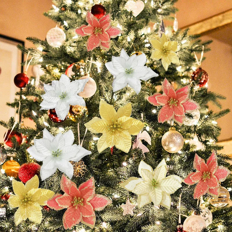 10pcs Artificial Poinsettia Christmas Cherry Berries Decorations Christmas Tree Ornaments Decor Xmas Wreath Garland Accessories