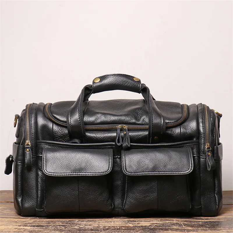 Nesitu High Quality Large Big Vintage Brown Black Genuine Leather Business Men Travel Bags Shoulder Messenger GYM Duffle M0571