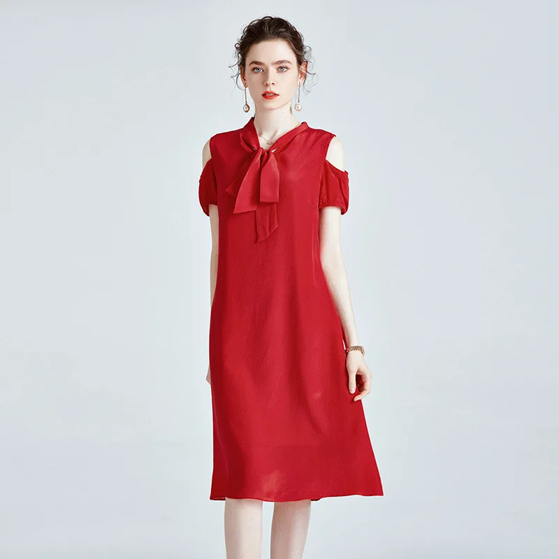 

Off Shoulder Red Silk Crepe Dresses Women Wedding Party Summer Long Casual Sexy Office Work Daily Dress Plus Size Slim Fit