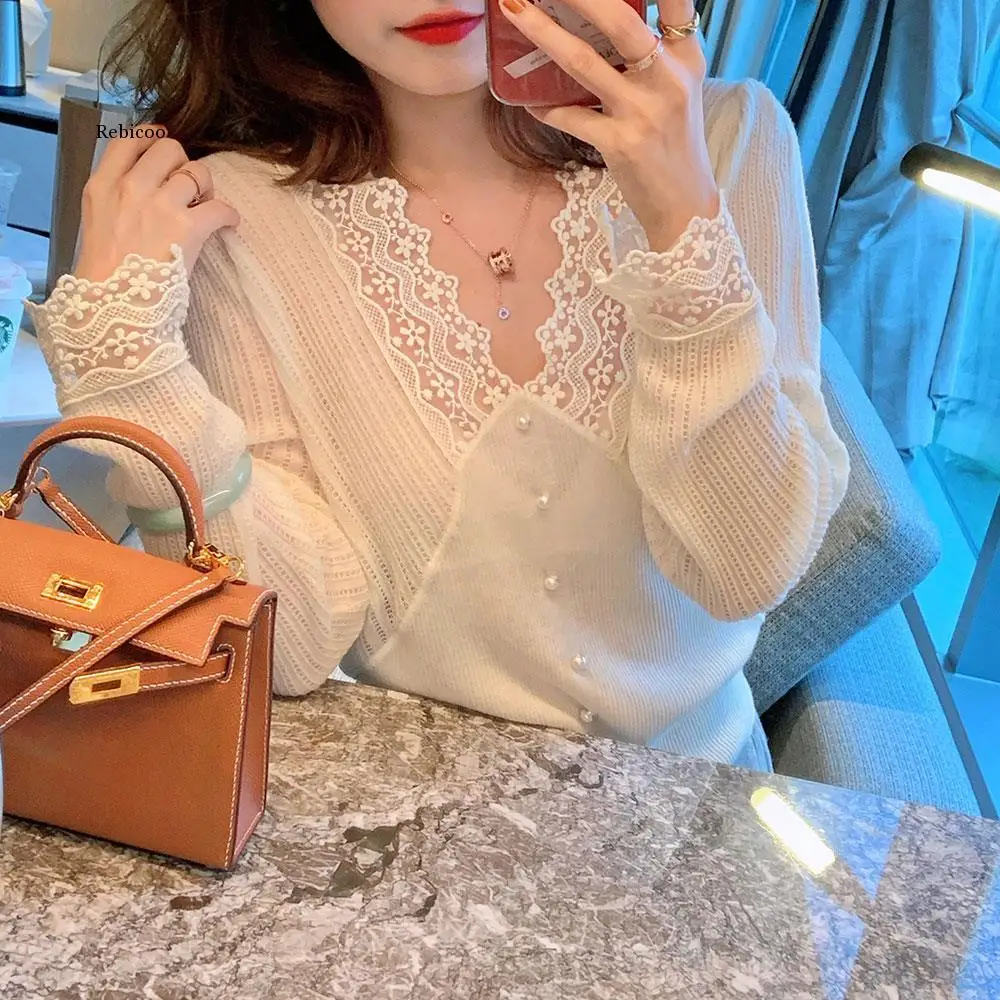 

Knit Sweater Women Casual Long Sleeve V-Neck Pullover Female 2021 Spring Korea Style Base Shirt Elegant Office Lady Blouse Tops