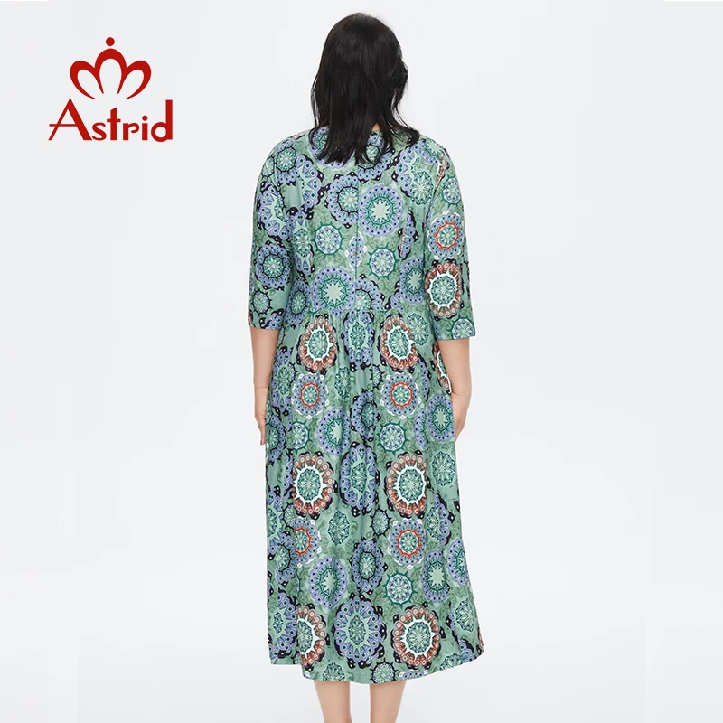 Astrid frauen Sommer Kleid 2022 für Frauen Lose Boho Casual Plus größe Strand Blume Drucken silk Lange Grün Kleider mit halskette