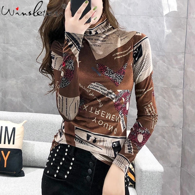 

Cotton Tee Shirt Print T Shirt Women Casual Turtleneck Long Sleeve Spring Top Retro Hipster Stretchy Tshirt S-4XL T03815B