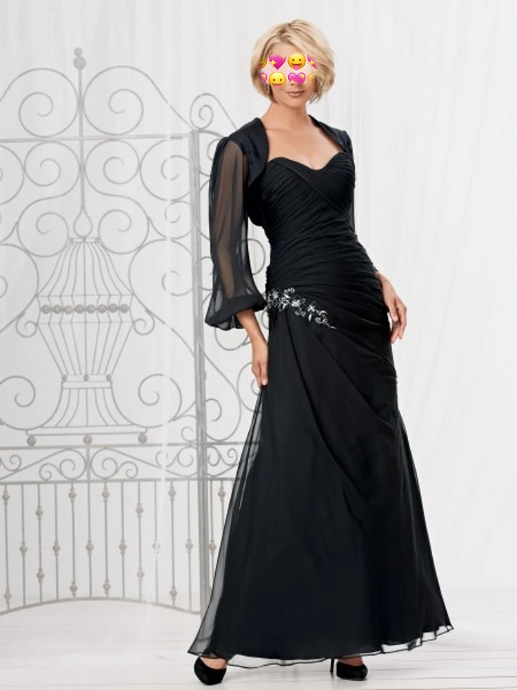 Preto chiffon elegante mãe da noiva vestidos com apliques jaqueta noivo mãe vestidos para casamentos longos