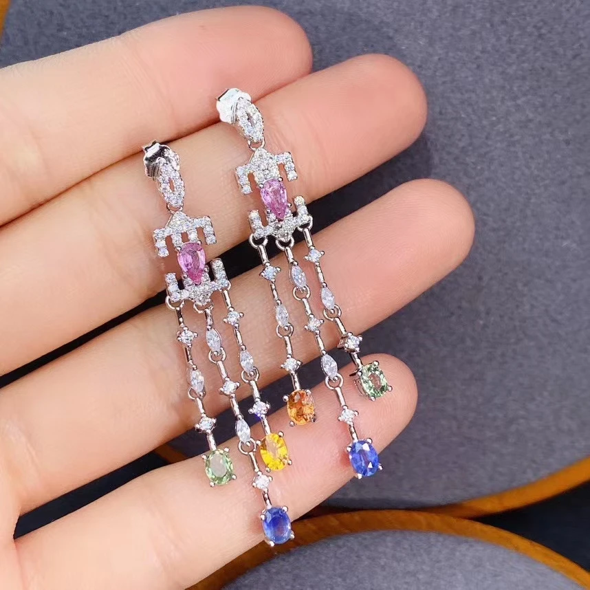 KJJEAXCMY fine Jewelry 925 Sterling Silver Natural color sapphire Girl new luxury earring eardrop Support Test Chinese style