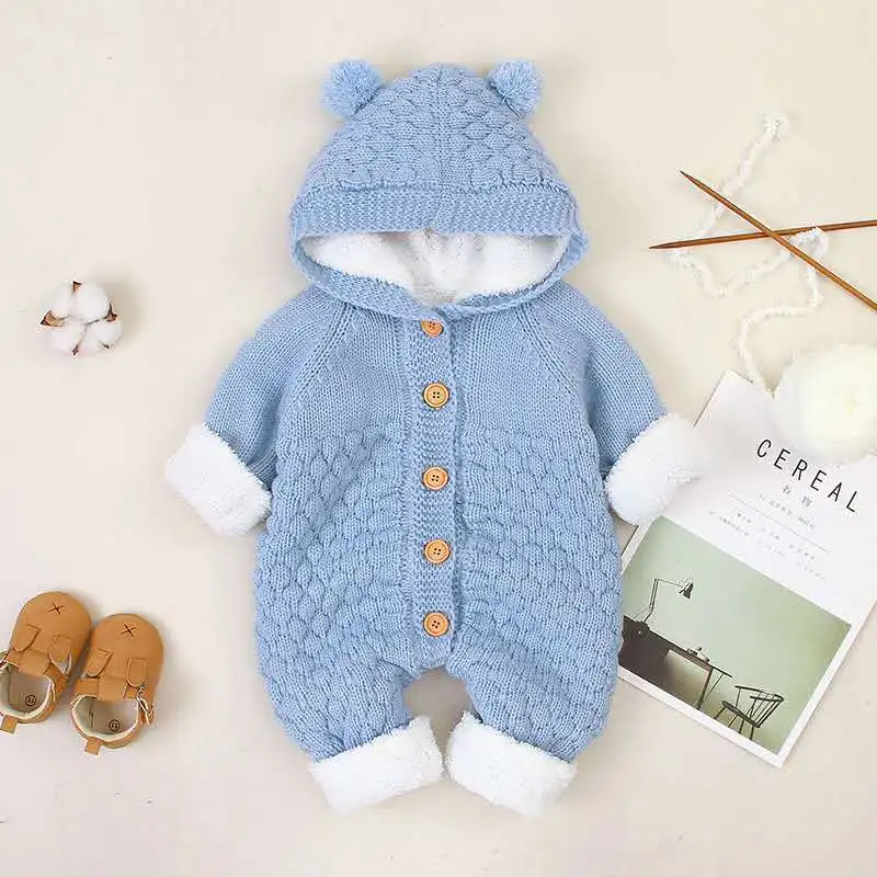 

Baby Boys Romper Knitted Long Sleeve Toddler Girls Jumpsuit Crawling Clothes Thick Fleece Hooded Warm Sweater Autumn Winter A385