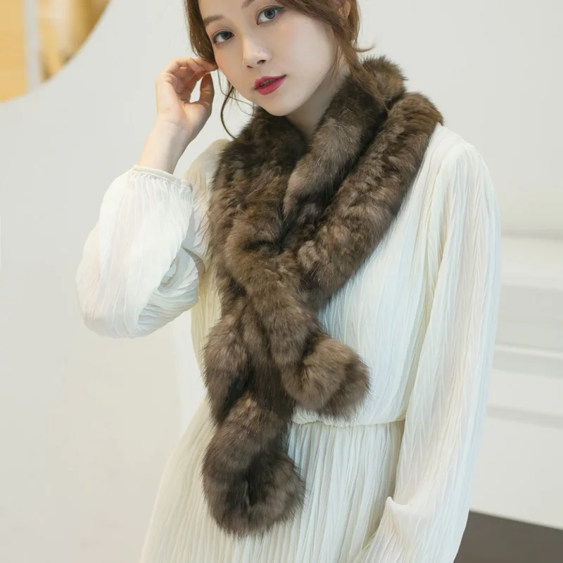 

Natural Real Genuine Sable Fur Scarves, Mink Hand Knitted Soft Smooth Solid Fashion for Women to Keep Warm in Autumn and Winter