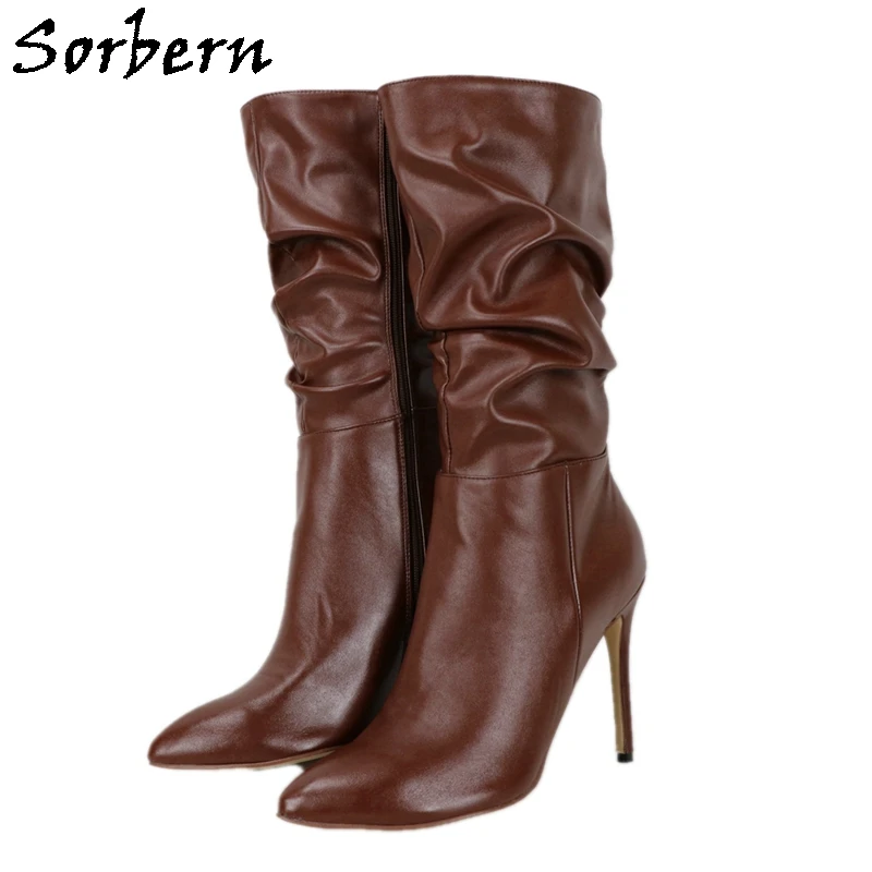 

Sorbern Low Calf Boots Women High Heels Pointy Toes Zip Up Short Booties Lady Stilettos Plush Linning Winter Shoe Custom Colors