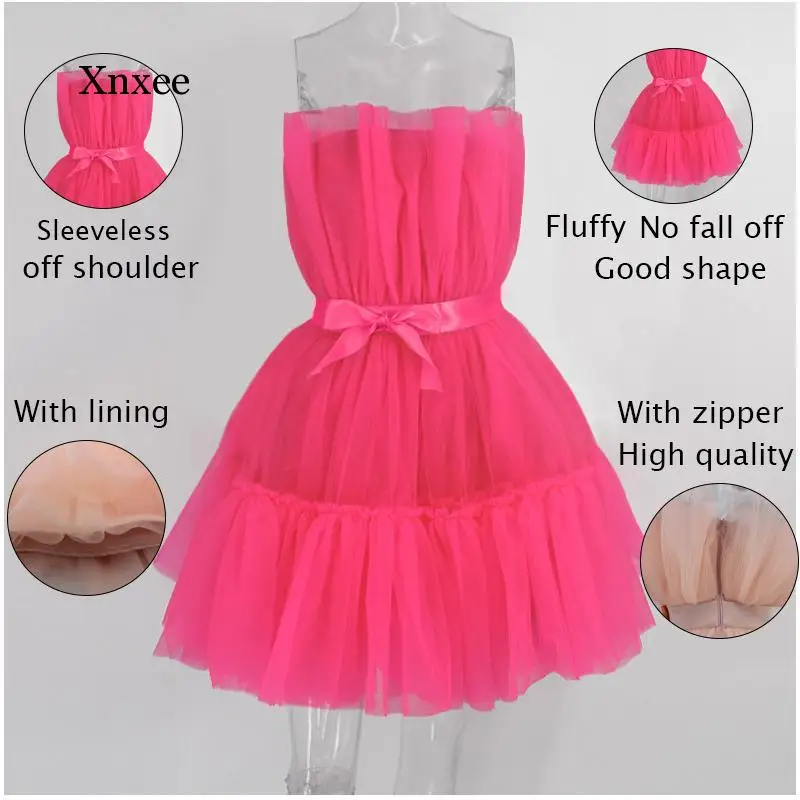 Elegante Mesh Partei eine Linie Tutu Kleid Frauen Rose Rosa Off Schulter Bogen-Knoten Hohe Taille Sexy Sleeveless Ball kleid Mini Kleider