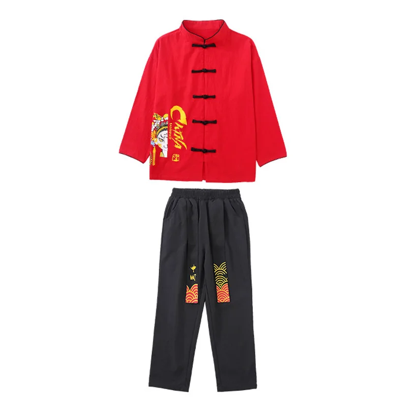 Chinese Traditional New Year Hanfu Red Shirt Top Black Pants Skirt for Girls Boys Stage Dance Performance Costume Clothes