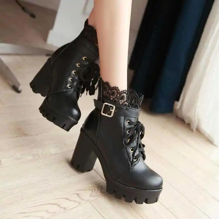 Women Female high heels lace Winter Boots Fashion black white Women Boots Lace Up winter Boots Shoes Woman Casual Shoes Large