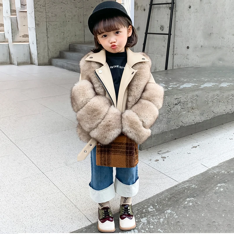 New Winter Girls Faux Fur Coat Cool Boys PU Leather Jackets Warm Coat For Children Outerwear Clothes Fashion Kids Fur Coat