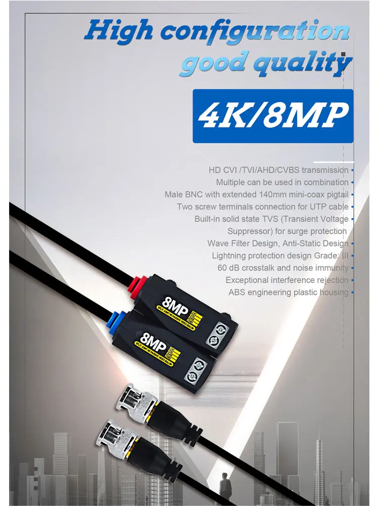 Conector Balun de vídeo pasivo HD de 8MP, transmisión de un solo canal, señal de vídeo Cctv para Cable trenzado AHD/CVI/TVI, 1 par