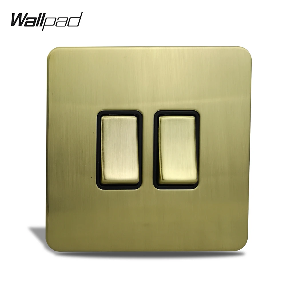 Wallpad Satin Gold 2 Gang 1 Way or 2 Way Electric Wall Light Rocker Switch Brushed Brass Stainless Steel Panel Metal Button