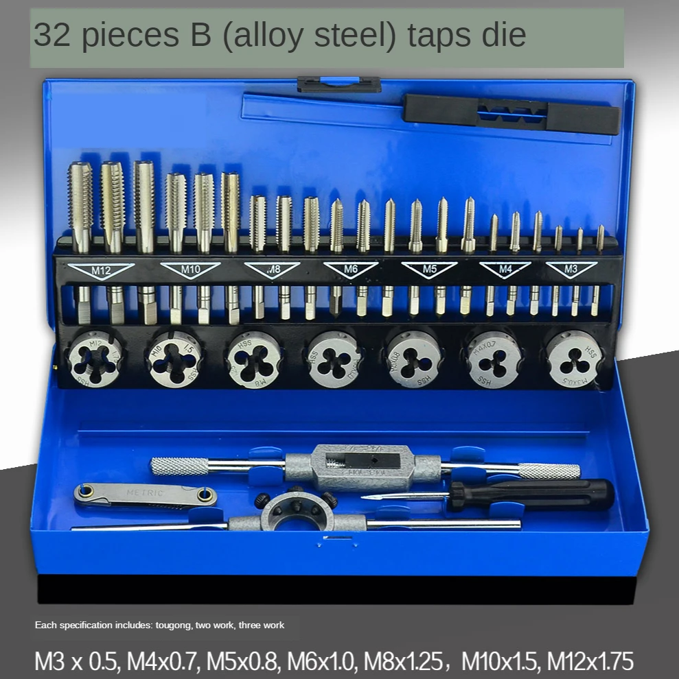 

32 PCS Tap Combination Set Metric Wrench Cut M3-M12 Metric Manual Tapping Tool Set Engineer's Kit with Metal Case