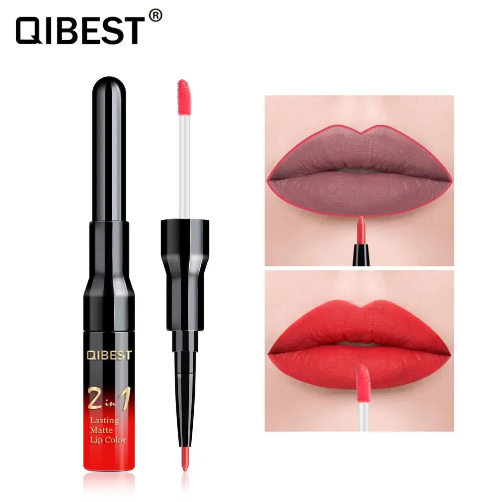 للبيع-QIBEST مزدوج رئيس Lipgloss زائد الشفاه بطانة القلم السائل ماتي أحمر الشفاه مقاوم للماء الشفاه ماكياج عالية الصباغ الشفاه