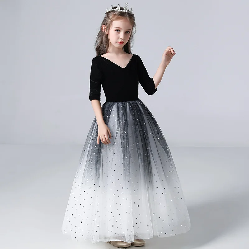 

Beauty-Emily Gradient Black V-Neck Girls Dress Half Sleeve Tulle Gowns For Girls Flower Girl Dresses For Wedding Vestido de nina