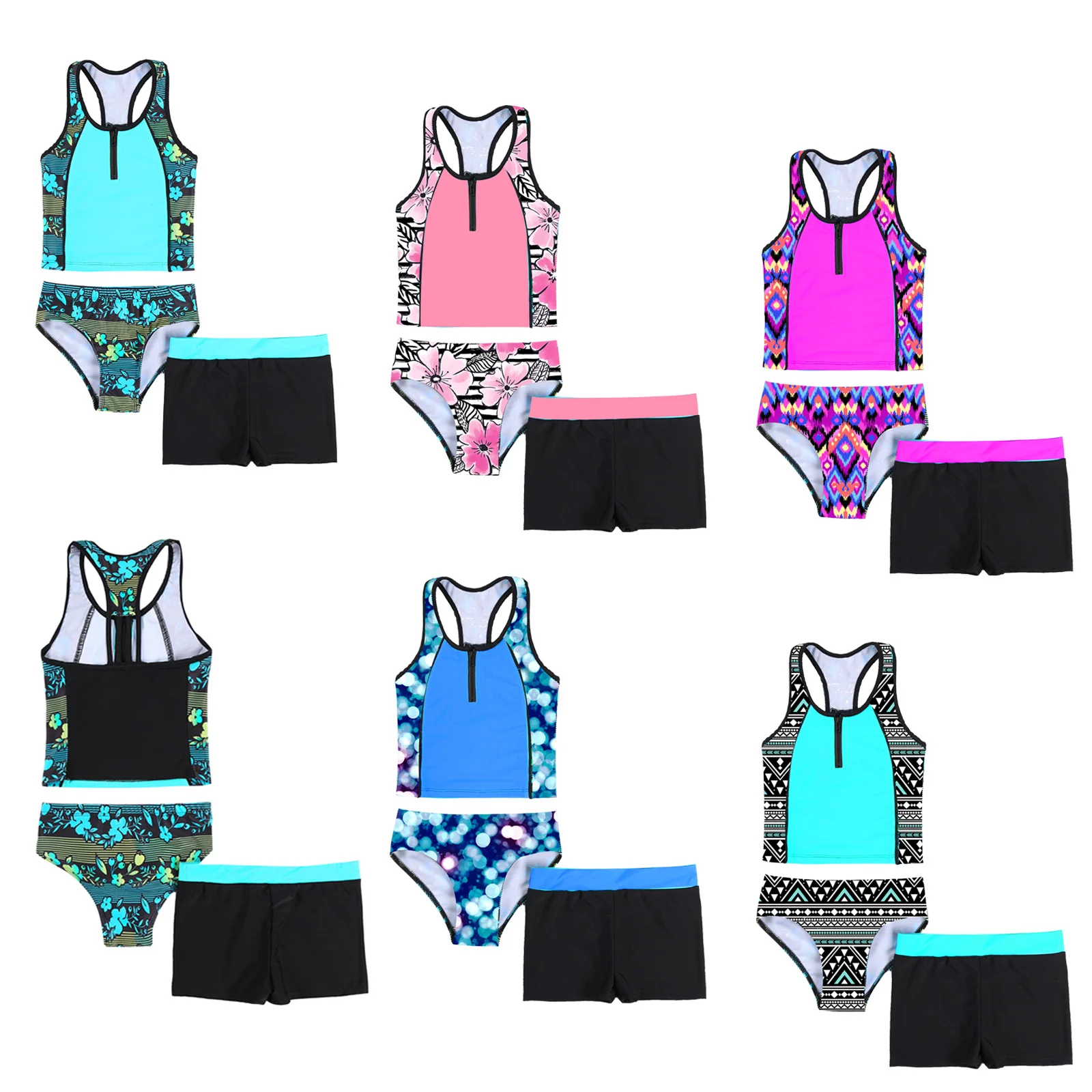 4-16 Years Kids Girls Tankini Set 3 Piece Floral Print Sleeveless Racerback Tank Vest Shirt Short and Bikini Triangle Swimwear