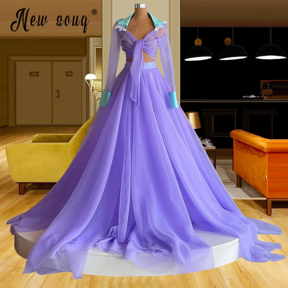 Lavender Purple Ball Gown Two Pieces Crystal Evening Dress Organza Long Sleeve Prom Gowns for Party Graduation Vestido de festa