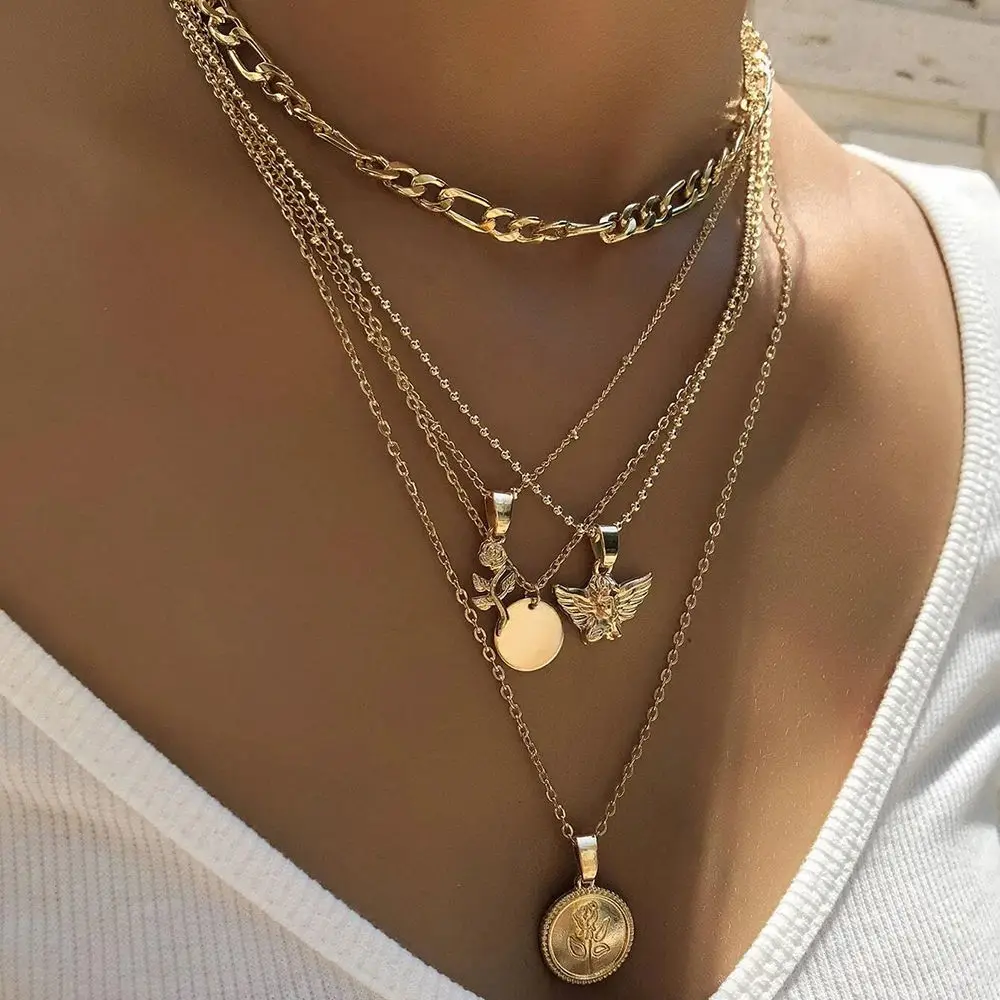 KISS WIFE Vintage Multilayer Golden Chain Necklace For Women Coin Angel Rose Flower Pendant Necklace Fashion Jewelry On The Neck