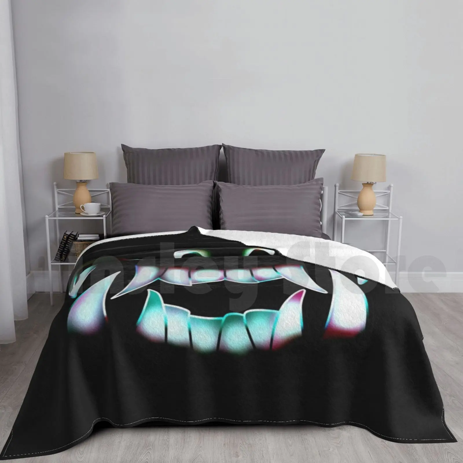 Oni Demons Mouth Blanket Fashion Custom Oni Demon Japan Korea Teeth Sharp Mouth Blue Pink Bone Black Kda