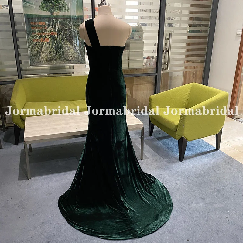 Verde escuro sereia veludo vestidos de dama de honra simples um ombro altura fenda casamento vestidos de festa robe de soirée noiva empregada vestido