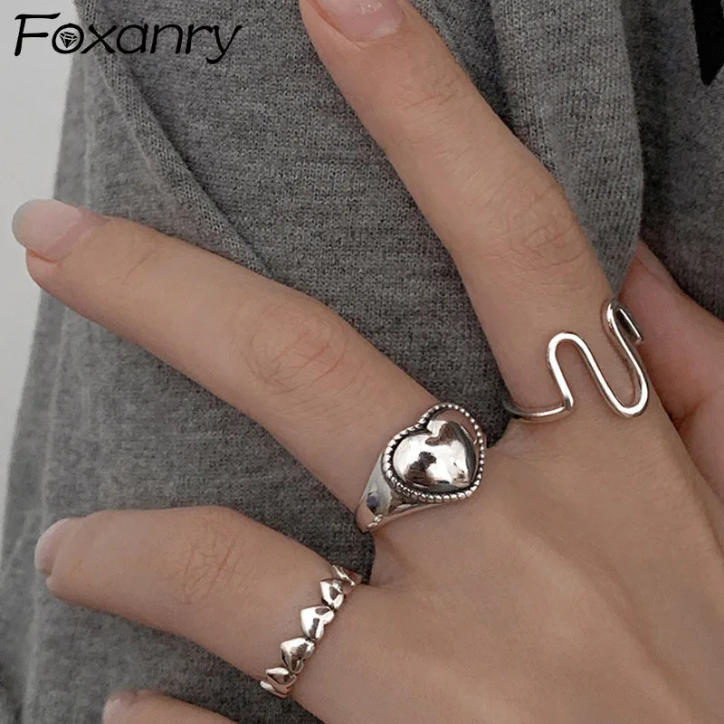 Foxanry Stamp LOVE Heart Rings New Trendy Elegant Vintage Sweet Simple Wavy Lines Party Jewelry Girl Accessories