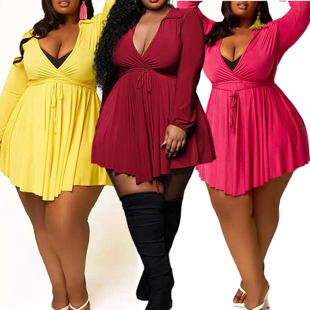 Plus Size Sexy Dress Women Wholesale Fall Clothes Solid Long Sleeve Deep V Neck Mini Dresses Club Birthday Outfits Dropshipping