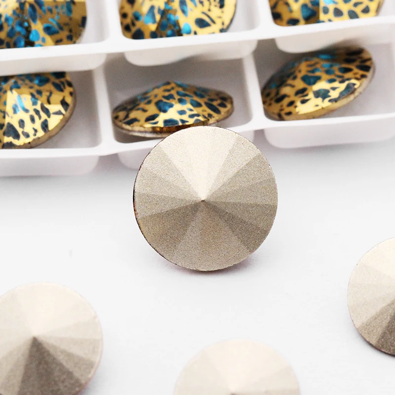 XIAOPU Rivoli Gold Patina Series Round Gleamy K9 Loose Rhinestones Piontback Strass Crystal Glue on Clothing Crafts Decoration