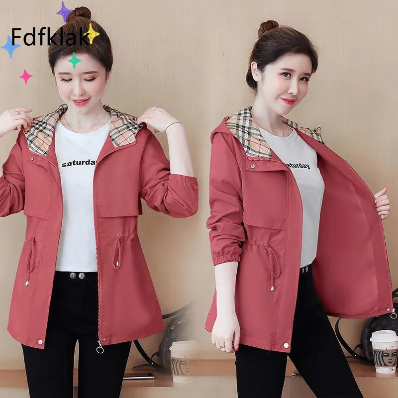 

Fdfklak 3XL Plus Size Windbreaker Women Mid-Length New Spring Autumn Korean Waist Hooded Trench Coat Loose Zipper Jacket