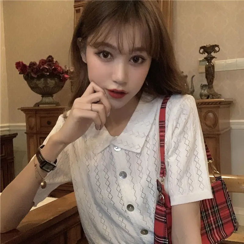 T-shirts Women Summer Turn-down Collar Elegant Chic Fashion Loose Button Short Sleeve All Match Solid Simple Tender Mujer Female