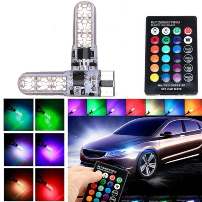 2x T10 Wodoodporna żarówka samochodowa W5w 501 - 6SMD 5050 RGB 7-kolorowy pilot LED (bez baterii) Stroboskopowa lampa błyskowa klinowa