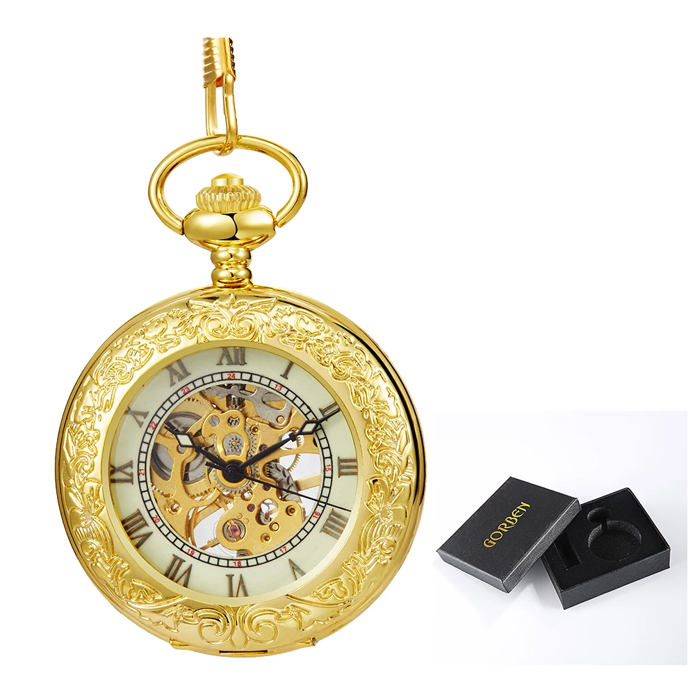 Gold Pocket Watch Men Steampunk Mechanical Female Watches Roman Numerals Vintage Style Pattern Case Necklace Pendant 2021