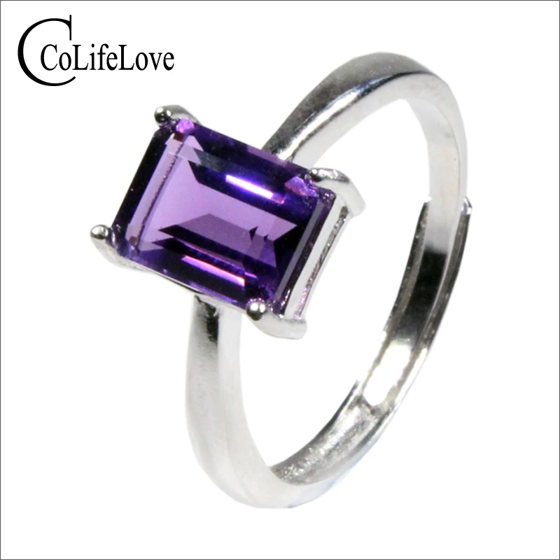 

CoLife Jewelry 100% Natural Amethyst Ring for Office Woman 6*8mm Emerald Cut Amethyst Siilver Ring 925 Silver Gemstone Ring