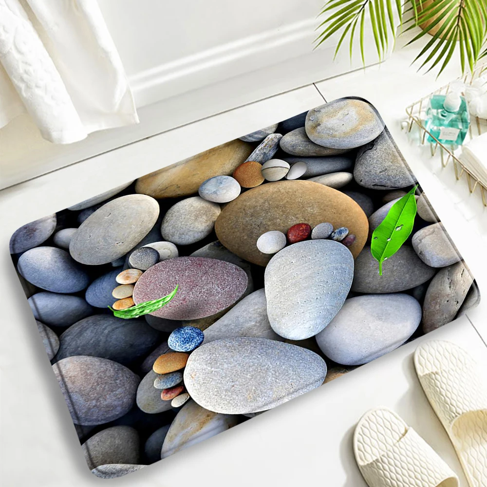 Colored Stones Pebble Door Mat Home Decor Blue Butterfly Creative Design Bathroom Non-slip Carpet Toilet Cover Rug Bath Mats Set