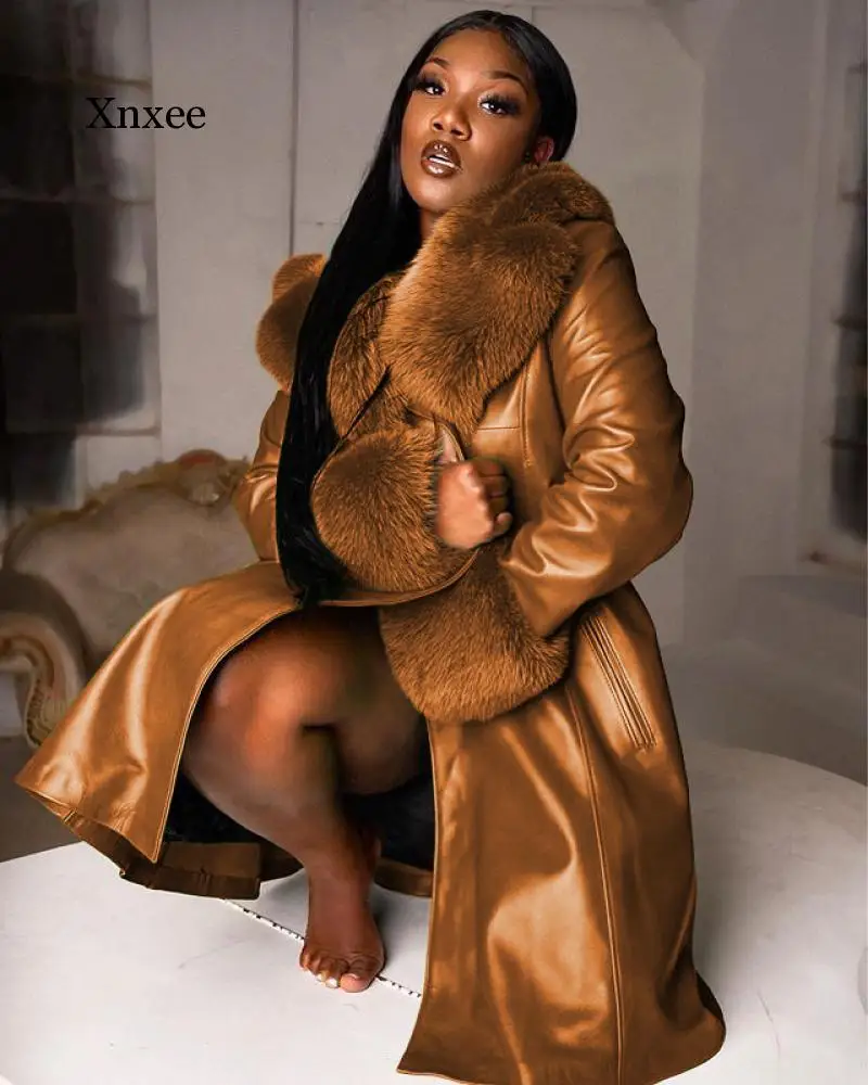 Long Pu Faux Fur Coat Women  Solid Winter Warm Turn-Down Collar Open Stitch Long Sexy Coats S-5Xl Female Jacket