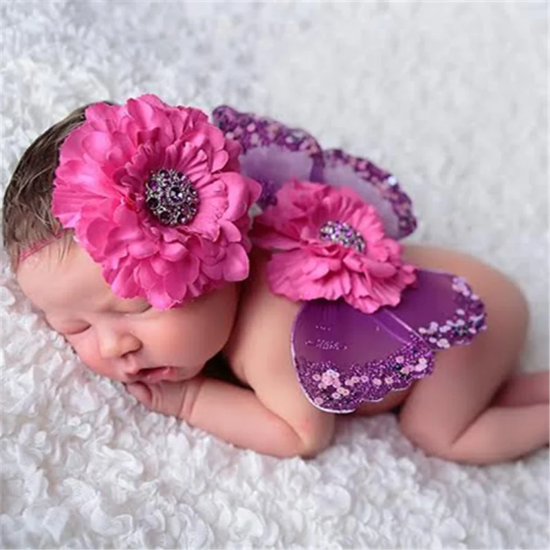 Newborn Photography Props Cute Butterfly wings+Big Flower Diamond Baby Headdress Studio Babies Shooting Photo Prop Accessories