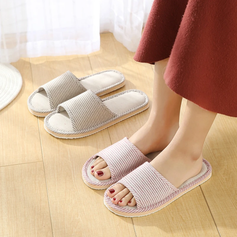 Mulher chinelos de chão interior sapatos planos primavera outono linho flip flops casa chinelos femininos confortáveis zapatillas hombre novo