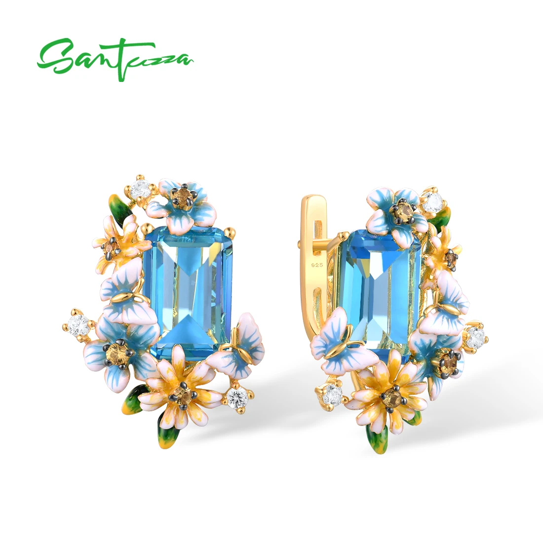 SANTUZZA 925 Sterling Silver Earrings For Women Octagon Blue Stone Flower Flora Butterfly Enamel Gold Color Wedding Fine Jewelry