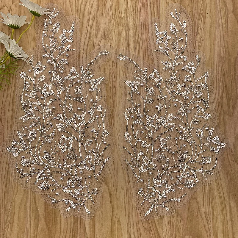 1pair luxury beaded embroidery lace appliques for wedding dresses Rhinestone lace applique patches Embroidery lace parches ropa