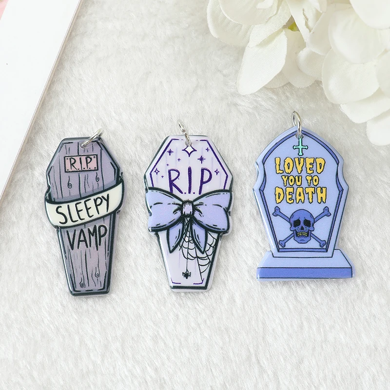 12Pcs Pastel Goth Coffin Charms Spooky Creative Acrylic Tombstone Pendant For Earring Necklace Diy Making
