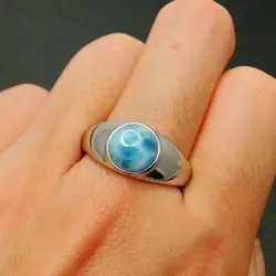 100% 925 Sterling Silver Natural Dominica Larimar Round Ring Womens Jewelry For Engagement Wedding Jewelry Gift