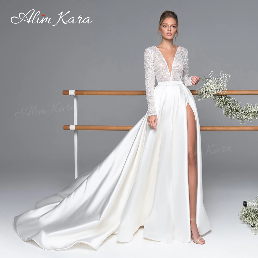 فستان زفاف بأكمام طويلة على شكل حرف a 2025 فستان عروس سبليت على شكل حرف v مخصص للأميرة Alim Kara EL05 مقاس كبير فيستدو دي نوفيا