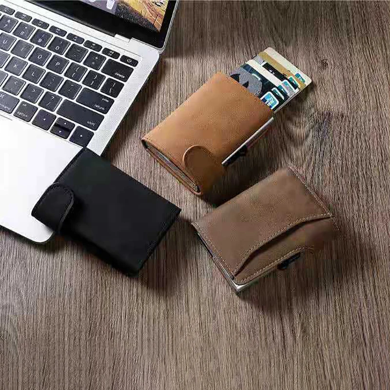 Cartera inteligente Rfid para hombre, tarjetero de cuero ultrafino, con cepillo antirrobo, Pop-up automático, para negocios