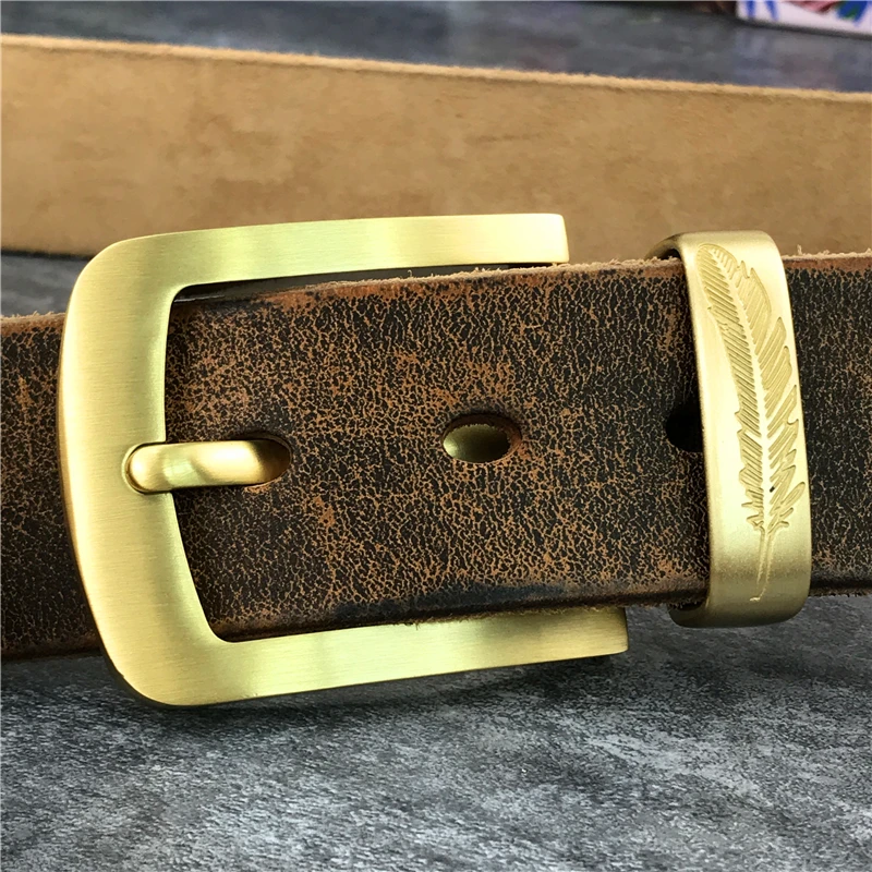 Vintage Brass Belt Buckle Genuine Leather Belt Male Ceinture Yellow Belt Cowboy Jeans Men\' Belt Long 130cm Waist Belt MBT0006