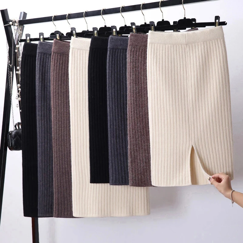 

Autumn Winter Knit Pencil Skirt Women High Waist Elastic Skirts Womens Sexy Knited Split Midi Skirt For Women Autumn